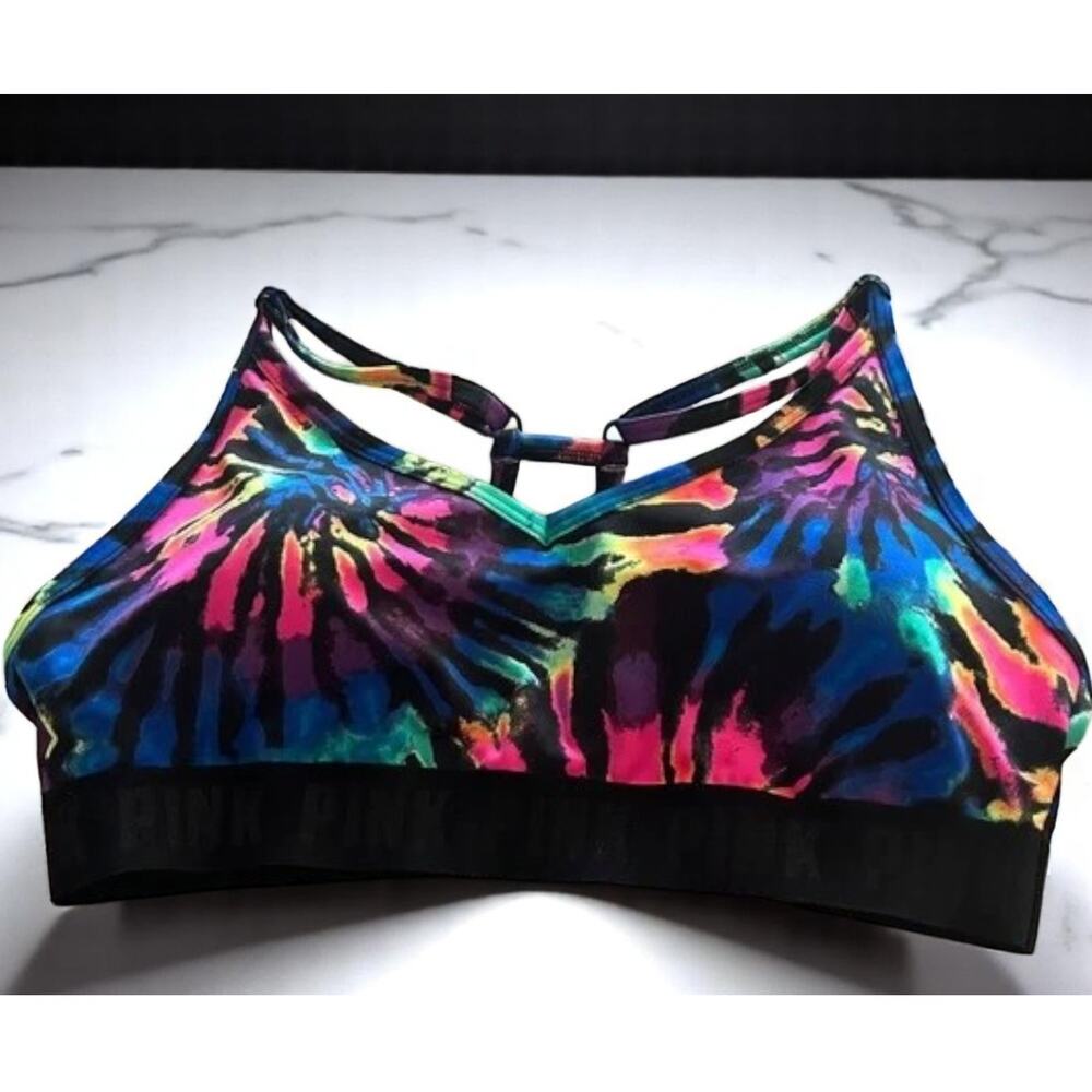 NWT - Pink Victoria's Secret Black Rainbow Tie-Dye Sports Bra Size: S|P